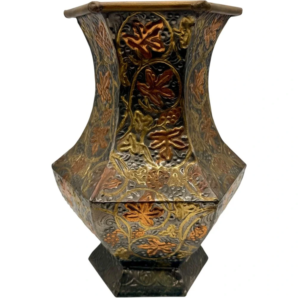 Vintage Mixed Metal Hexagonal Vase Embossed Leaf Design Made in India Good
